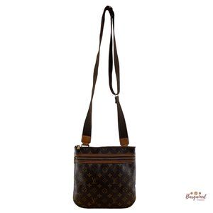Authentic LOUIS VUITTON Brown Monogram Canvas Leather Bosphore Messenger Bag